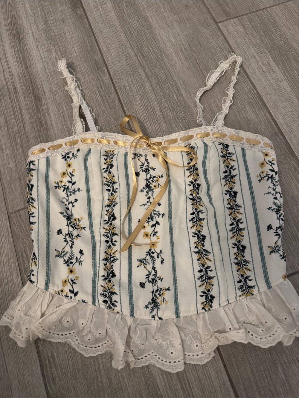 Floral Stripe Lace-Trim Cami in Cream and Yellow